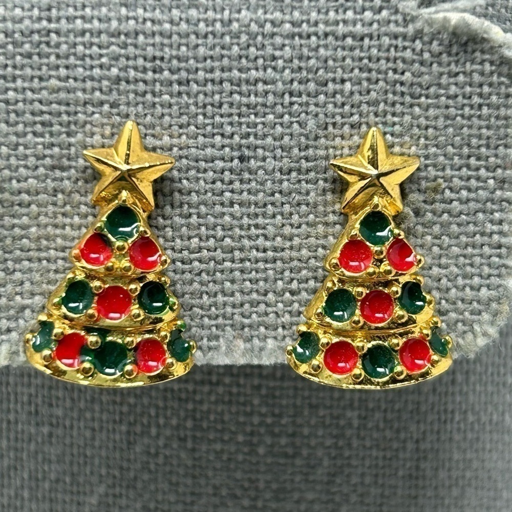 Vintage Small Gold Tone Christmas Tree Clip On Earrings Red and Green Enamel